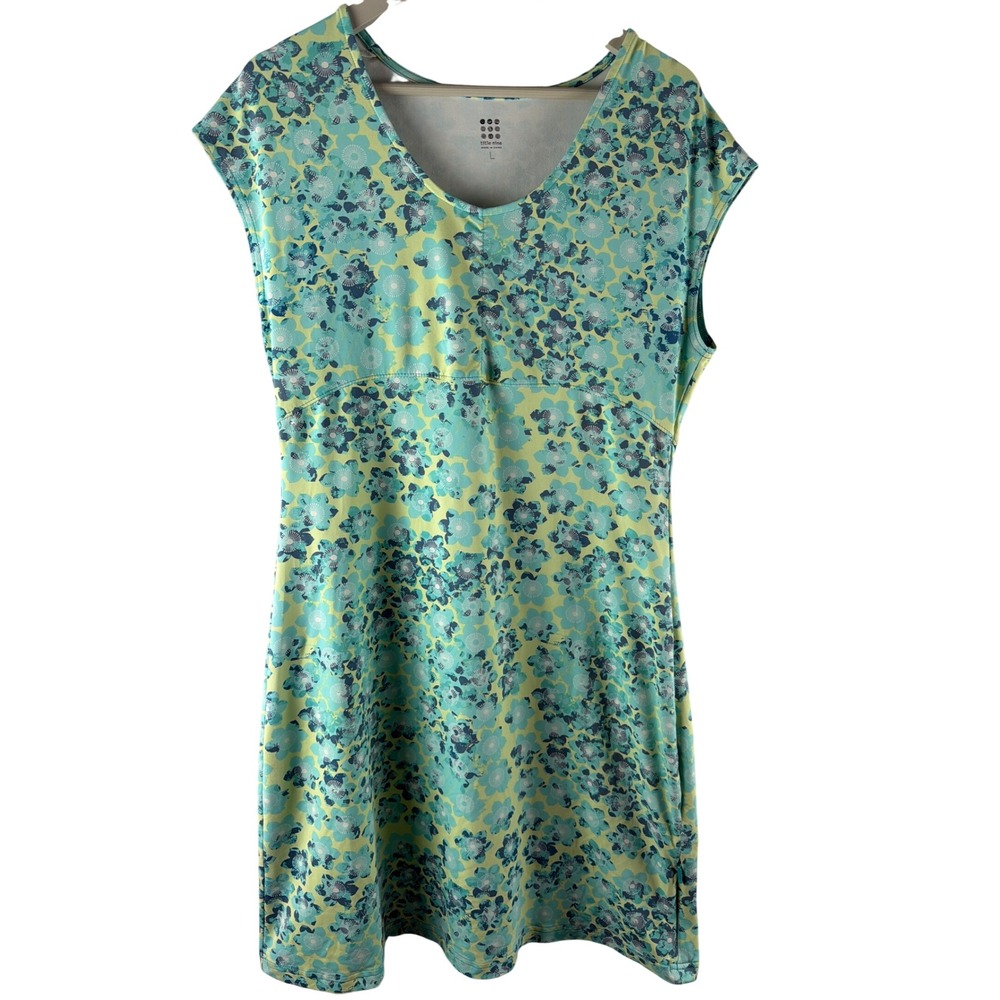 Title Nine Diamalete Dress Sz L Teal Green Floral V Neck Activewear Short Pocket